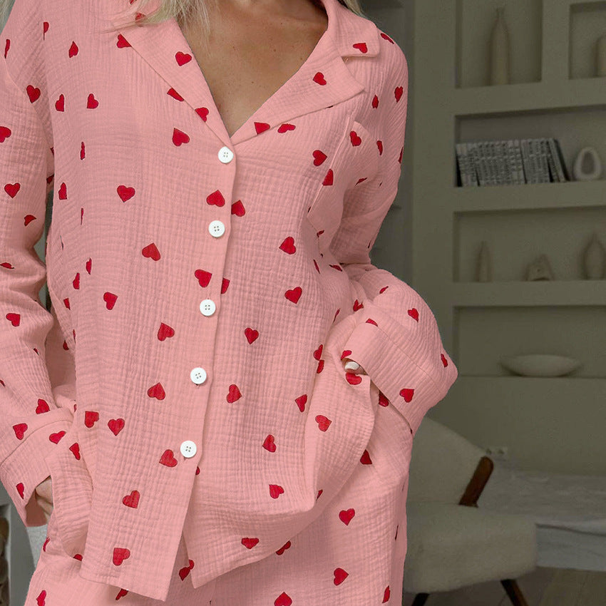 Conjunto de pijama informal de manga larga con estampado de corazones para mujer