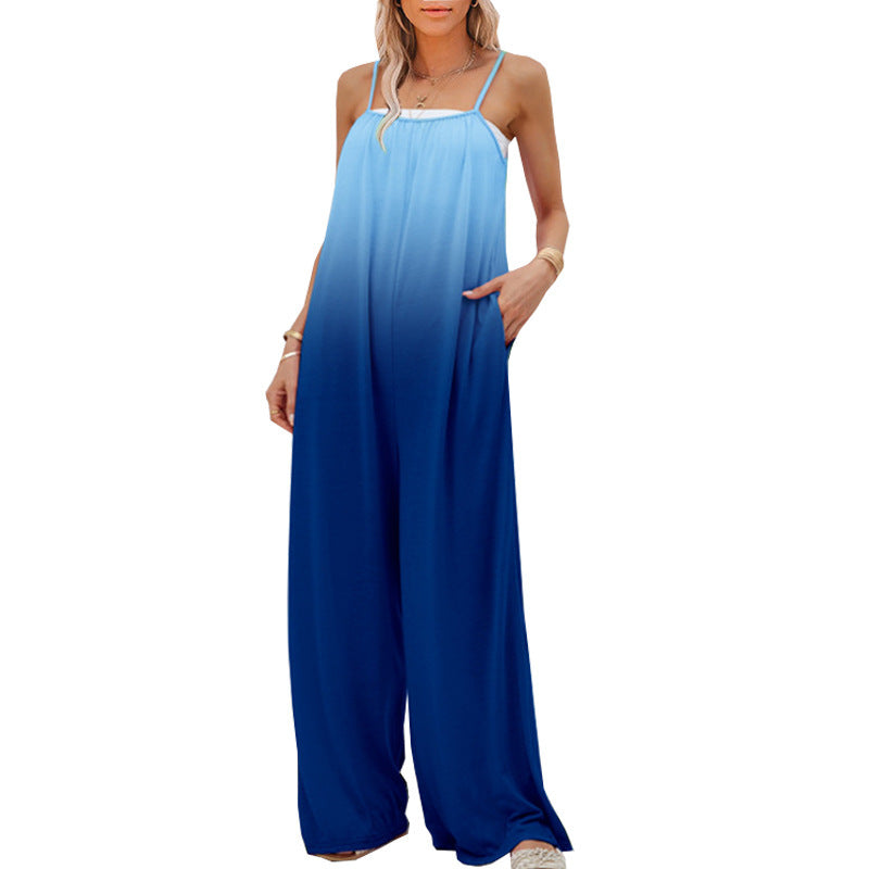 Summer Vacation Women Casual Gradient Loose Sleeveless High Waist Strap Jumpsuit