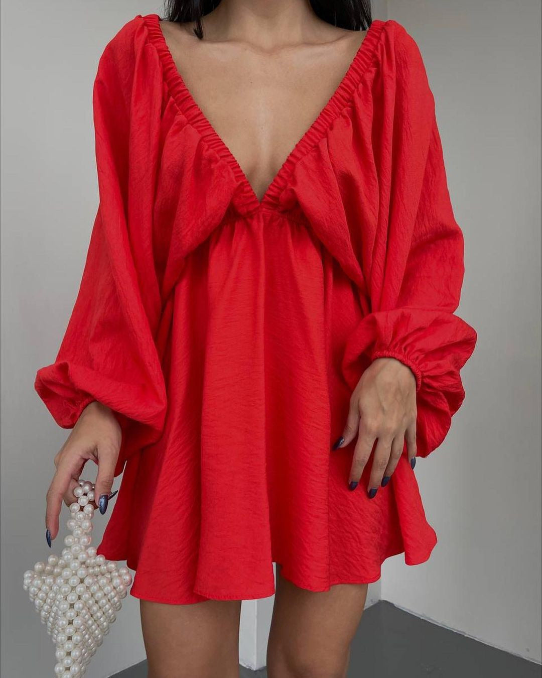 Vestido informal de manga larga con escote en V y color liso para mujer