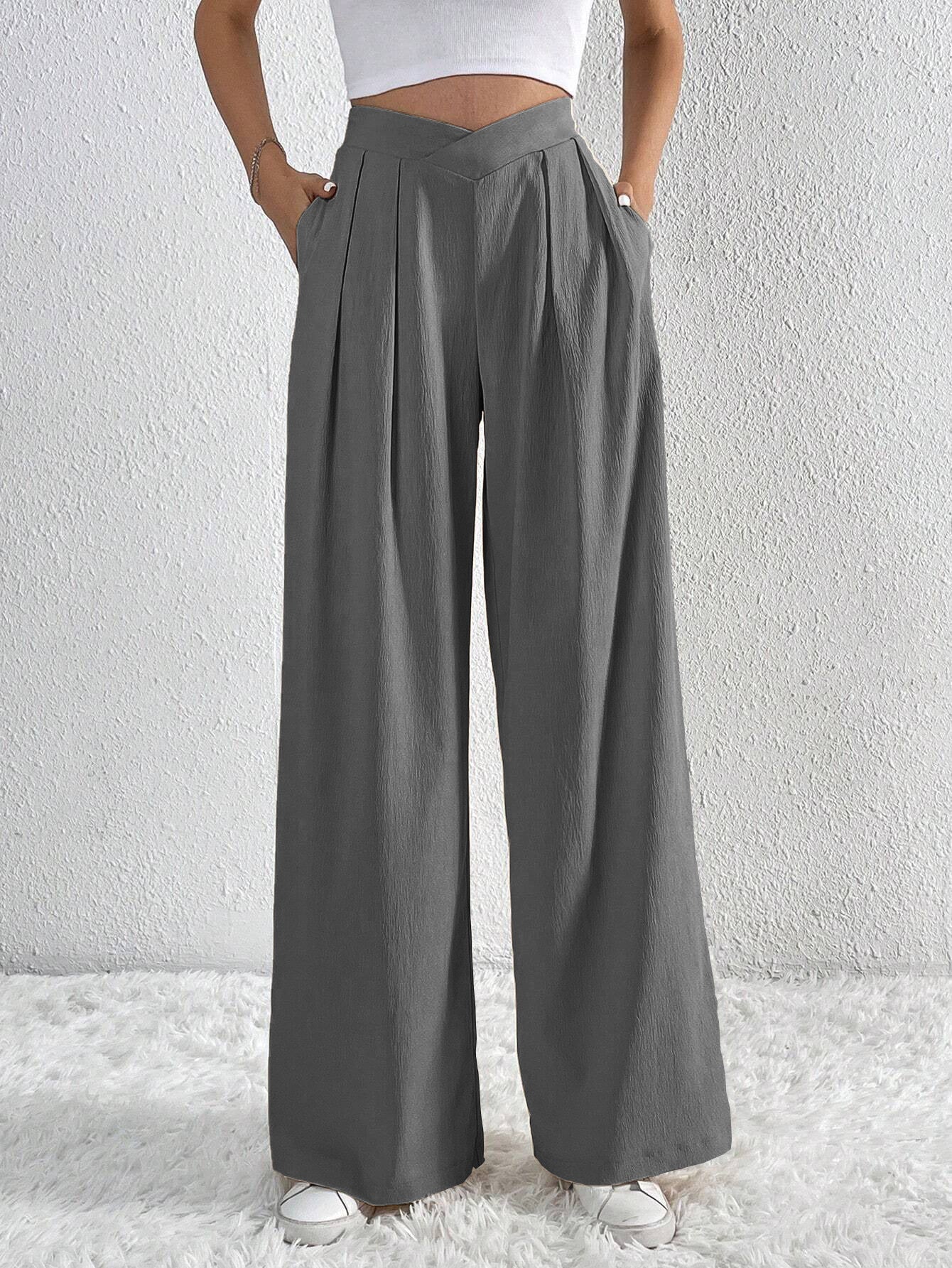 Pantalones anchos plisados de color liso, elegantes e informales para mujer