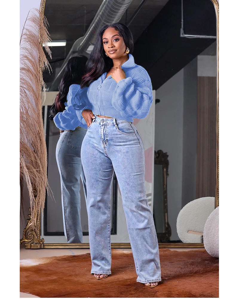 Women Casual Loose Solid Color Zipper Lapel Knitted Sweater