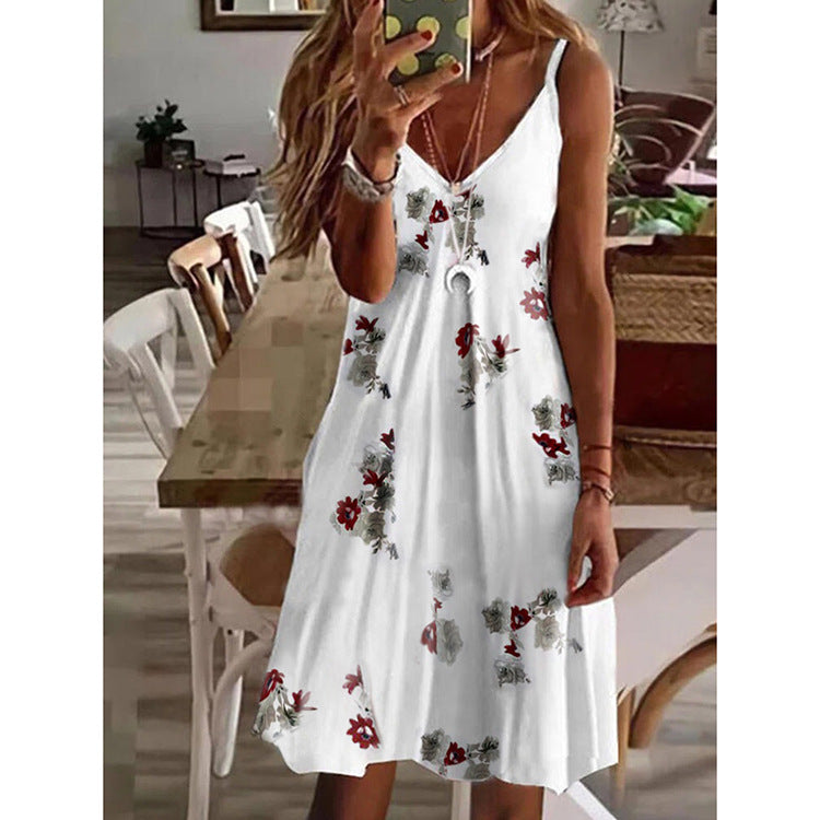 Women'S Casual V-Neck Loose Printed Sling Dress