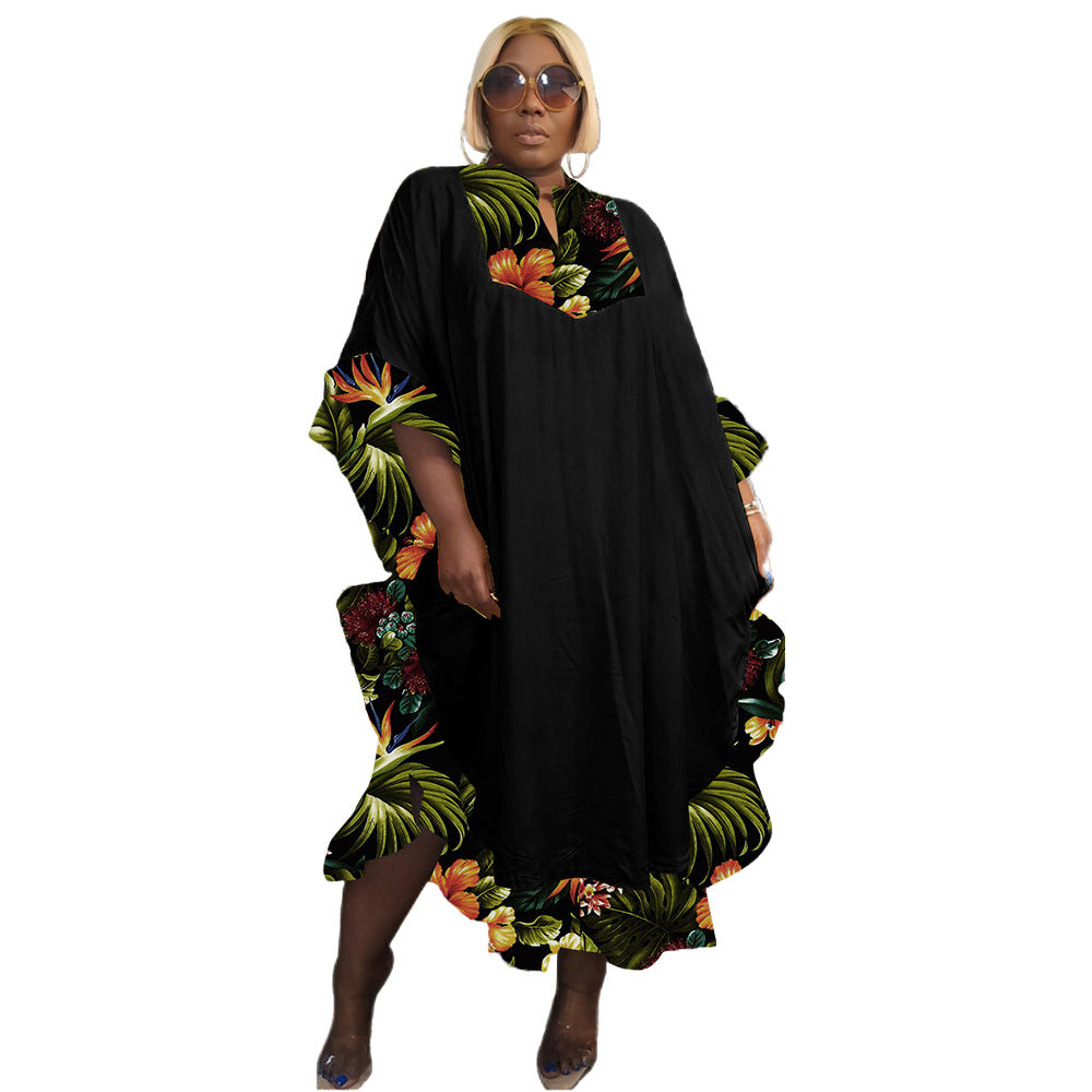 Women Casual Loose Floral Printed Buckle Neck Cropped Sleeve Dress