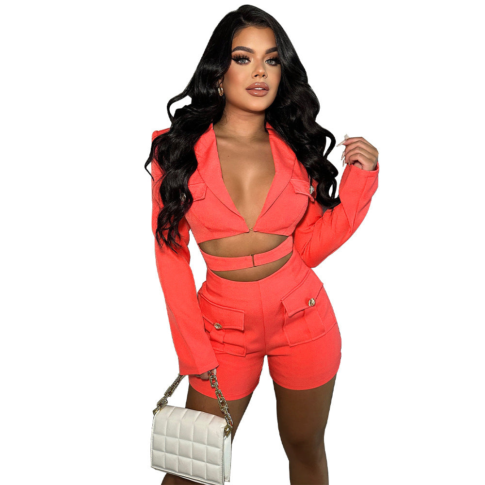 Women Fashion Casual Deep V Hollow Long Sleeve Rompers