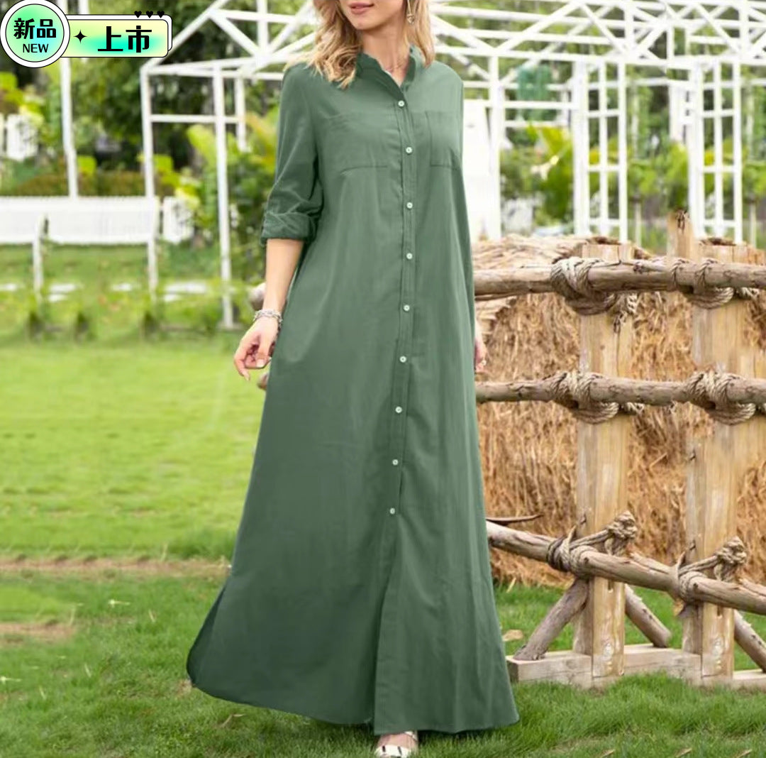Women Casual Fshion Solid Color Long Sleeve Single-Breasted Maxi Shirt Dress