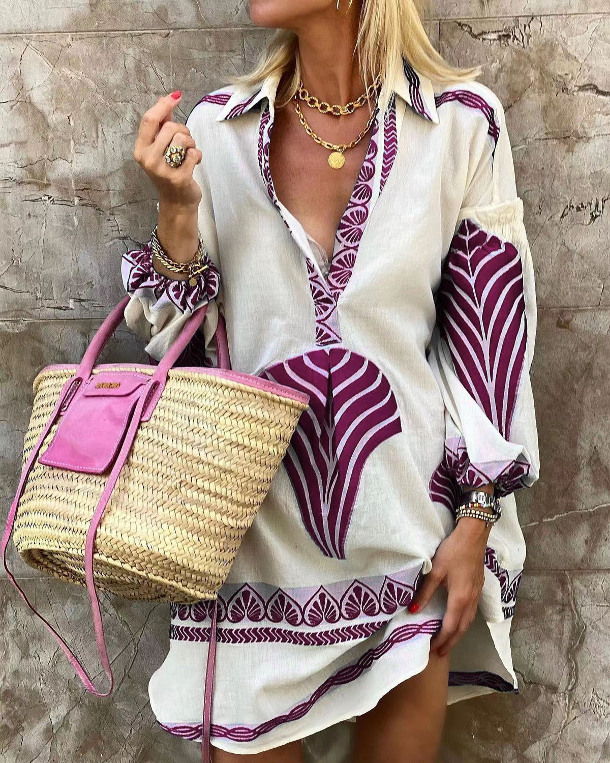 Women Boho Spring And Summer Casual Long Shirt Loose Vacation V-Neck Dress