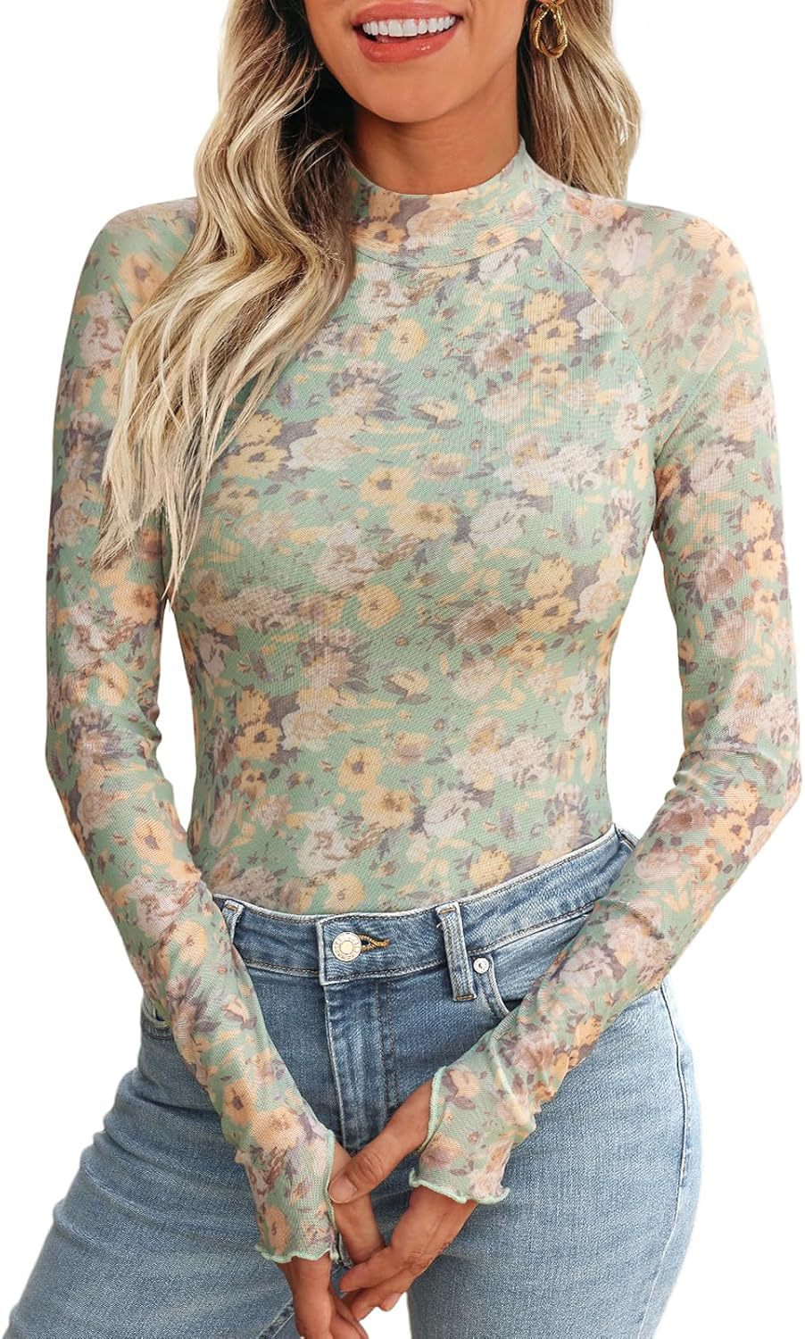 Blusa informal de manga larga con encaje y estampado floral para mujer