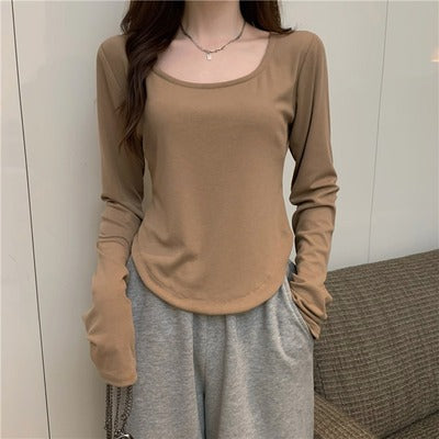 Camiseta informal de manga larga de color liso para mujer de verano