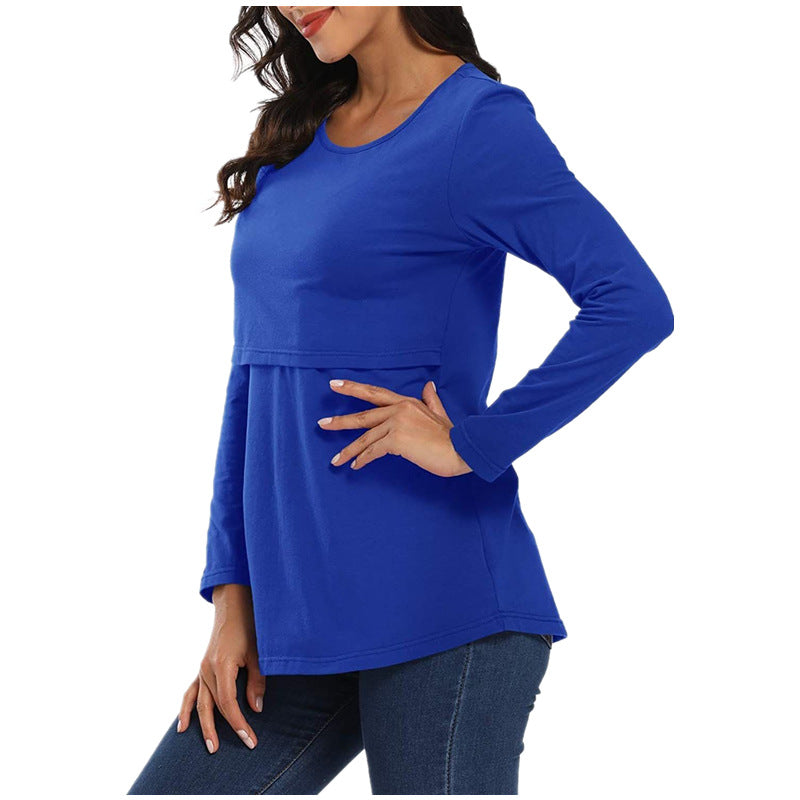 Pregnant Women Casual Solid Color Crewneck Long Sleeve Breastfeeding Top