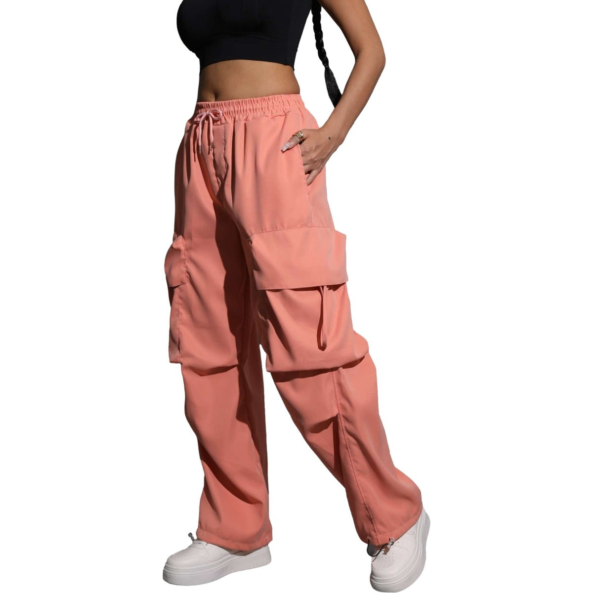 Women Fashion Casual Solid Color Multi-Pocket Drawstring Wide-Leg Pants