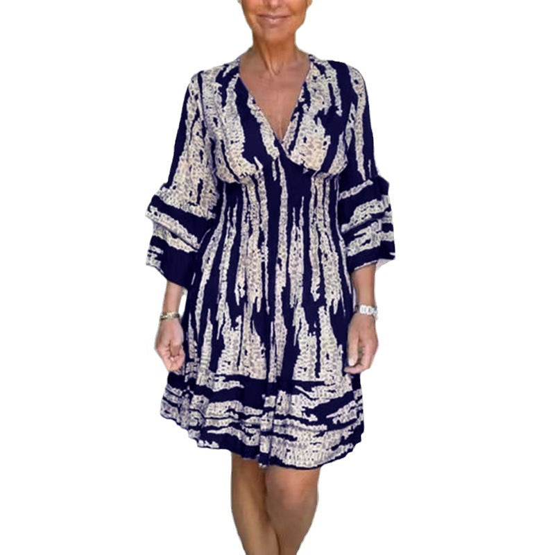 Women Fashion Casual V-Neck Printed Long Sleeve Dress