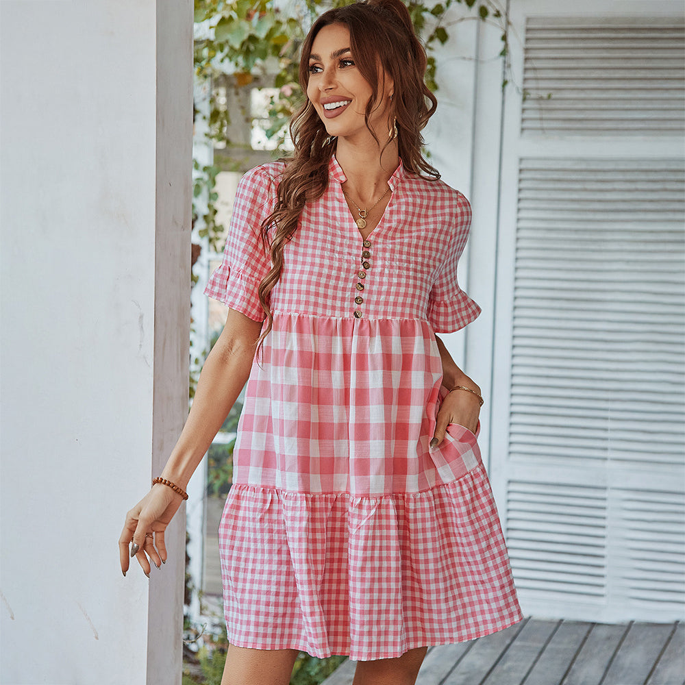 Vestido mini de verano para mujer, elegante, holgado, con volantes y cuello en V, manga corta, informal, con bloques de color