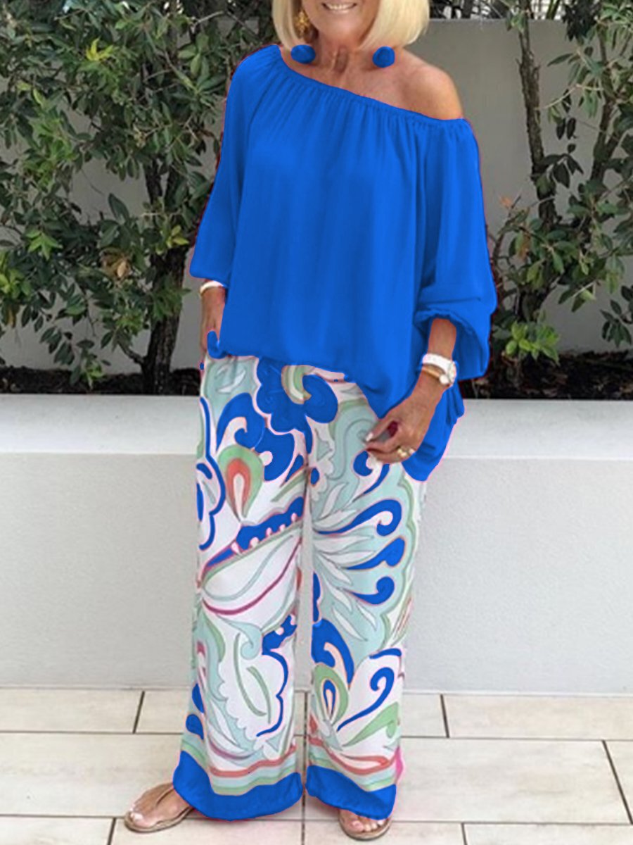 Conjunto de dos piezas para mujer: top de color liso con hombros descubiertos y pantalón estampado informal