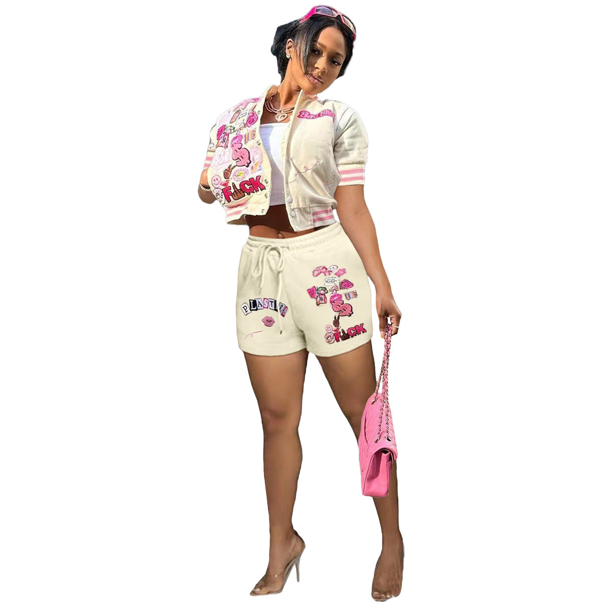 Fashion Ladies Casual Graphic Printing Short Sleeve Top Slim Fit Shorts Set