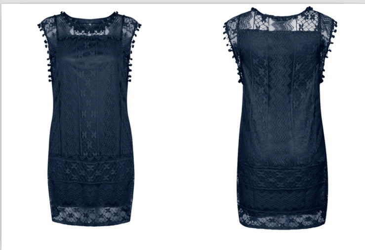 Women Fashion Casual Solid Color Lace Sleeveless Loose Dress