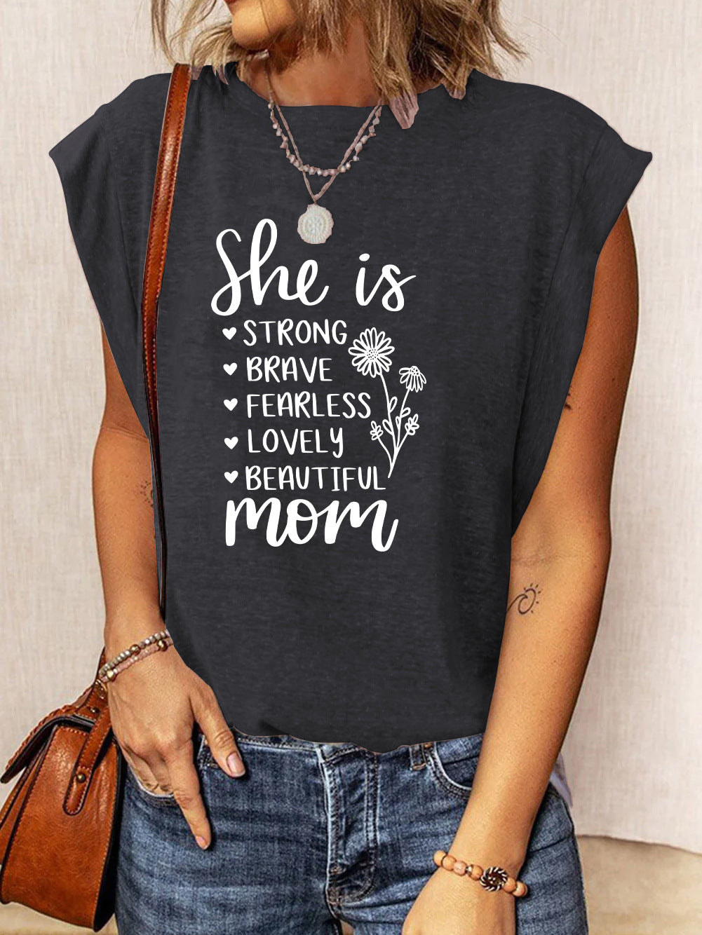 Camiseta informal de verano sin mangas con cuello redondo y estampado de letras del Día de la Madre para mujer