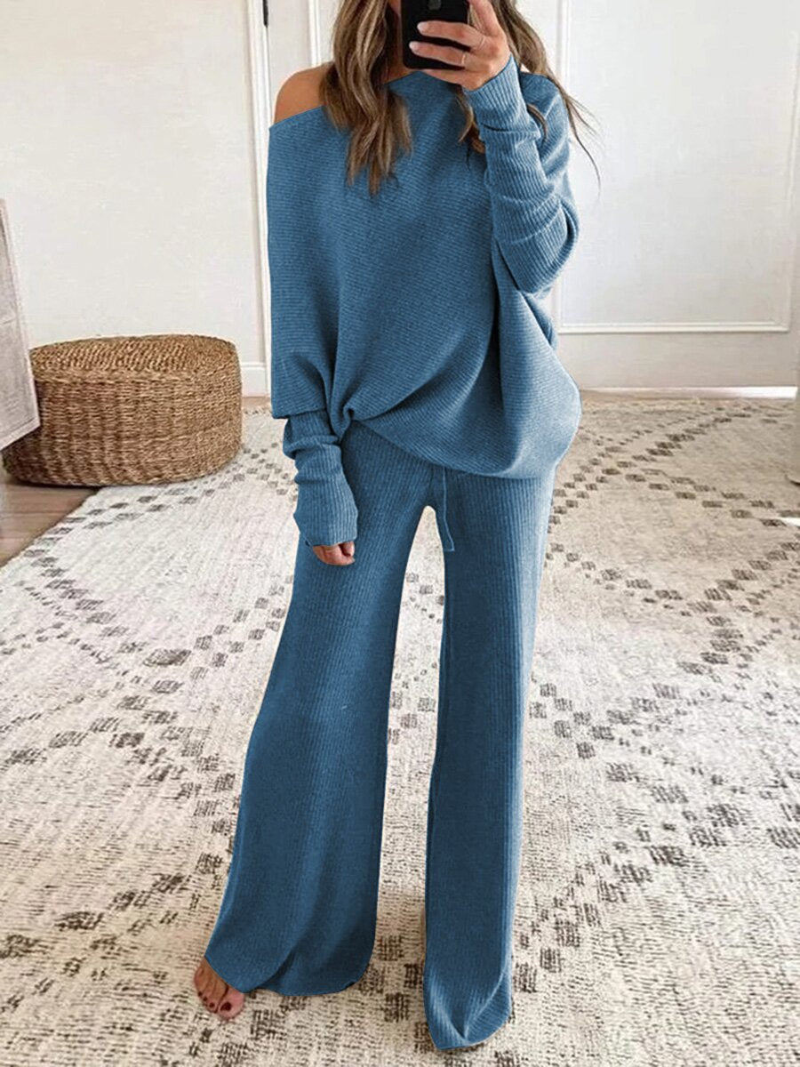 Conjunto de dos piezas formado por top y pantalón informal, manga larga, cuello redondo, color liso, para mujer, otoño e invierno