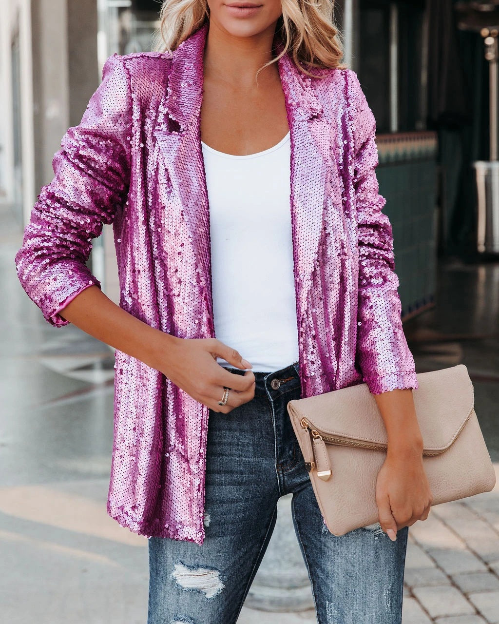 Blazer informal de manga larga con solapa y lentejuelas lisas para mujer