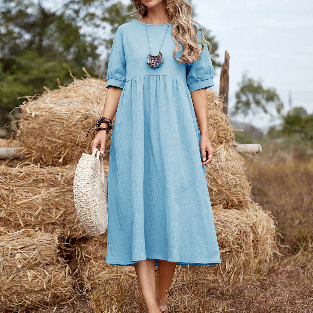 Women Casual Solid Color Loose Midi Short Sleeves Round Neck Dress