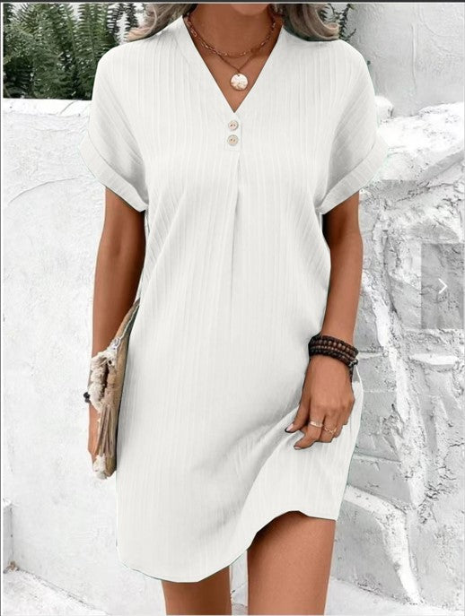 Vestido informal de oficina para mujer, elegante, de color liso, con cuello en V, cómodo, de manga corta y botones