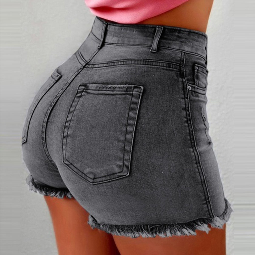 Women Casual Summer High Waist Raw Hem Denim Shorts With Pockets