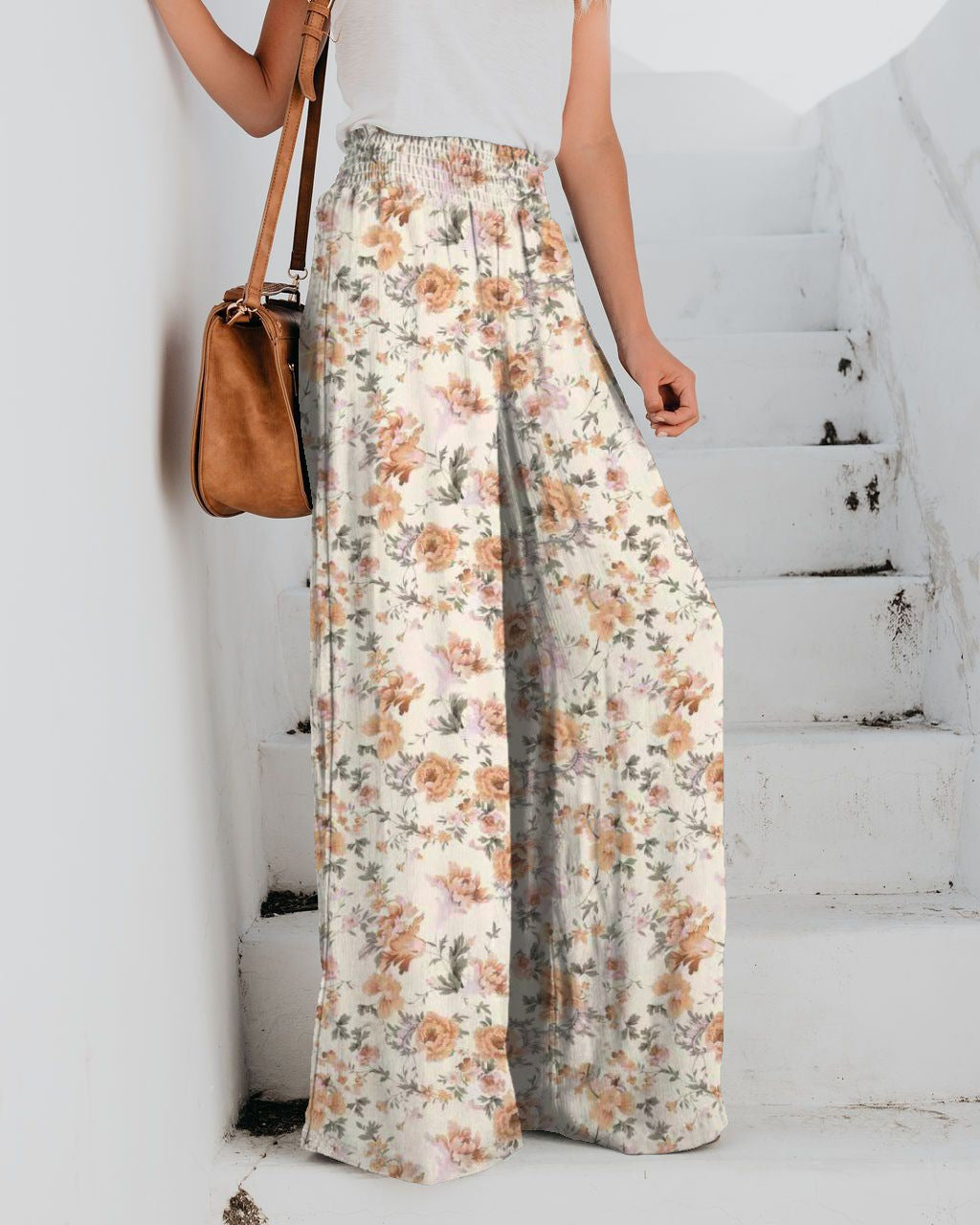 Pantalones anchos con cintura elástica y estampado floral informal para mujer