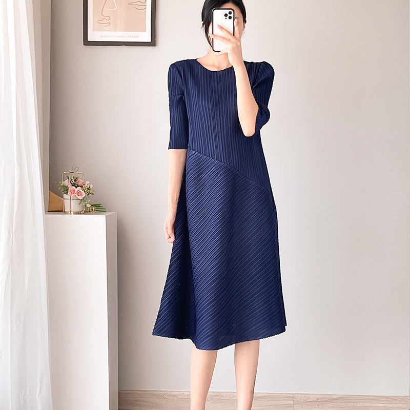 Vestido minimalista informal de moda para mujer, suave, de color liso, con cuello redondo, mangas cortas y pliegues