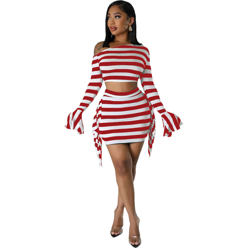 Women Fashion Casual Stripe Boat Neck Long Sleeve Crop Top Skirt Set