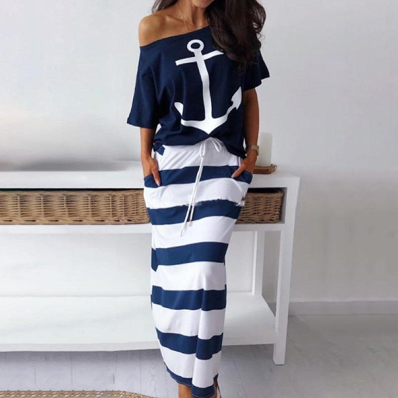 Conjunto de top informal con estampado gráfico atrevido para mujer y falda con bloques de color a rayas