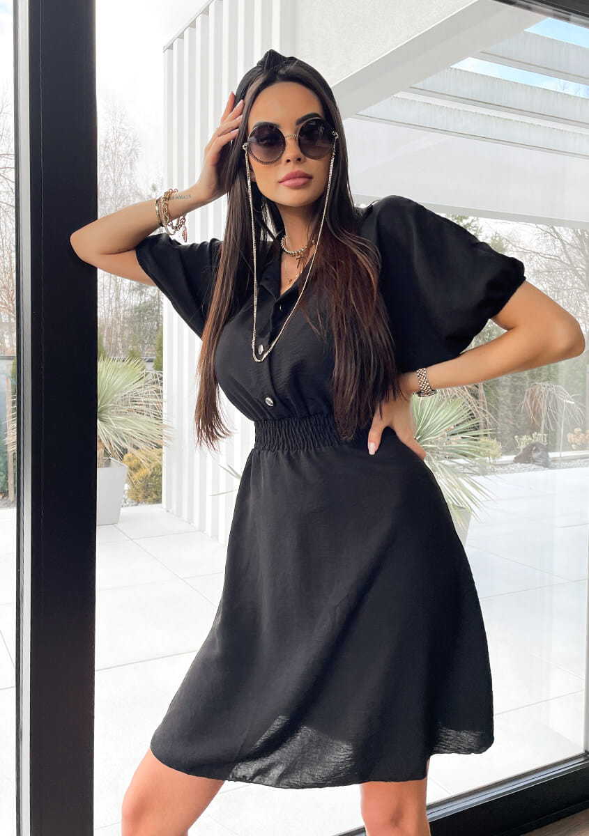 Vestido informal de manga corta con solapa y botonadura sencilla de color liso para mujer