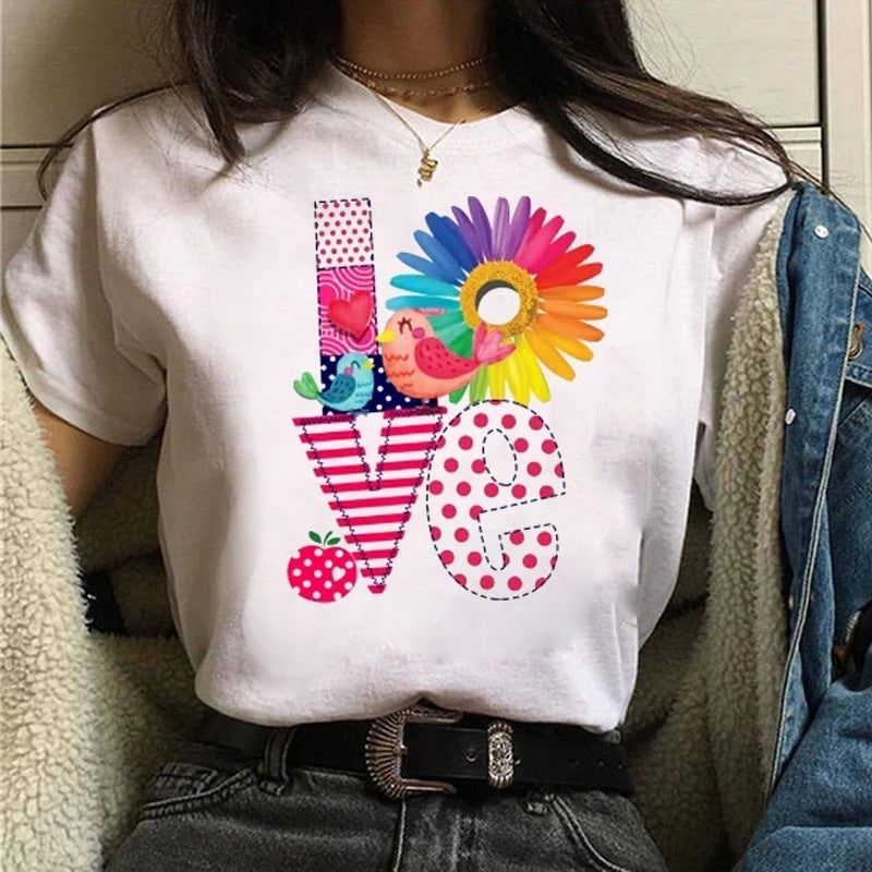 Camiseta informal de manga corta con estampado de letras de amor para mujer