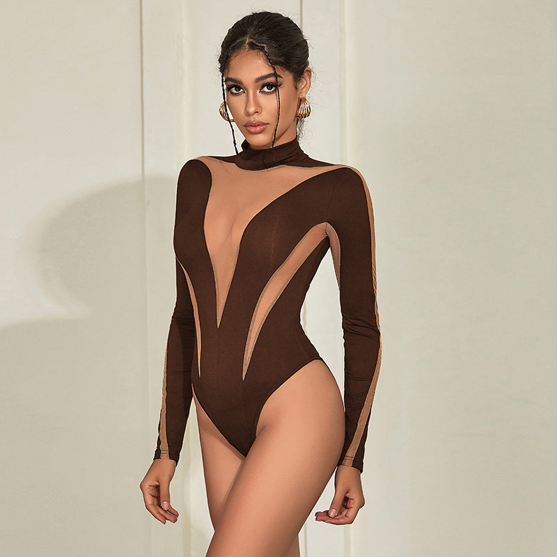 Summer Women Sexy Casual Mesh Stitching High Waist Long Sleeve Tight Bodysuit