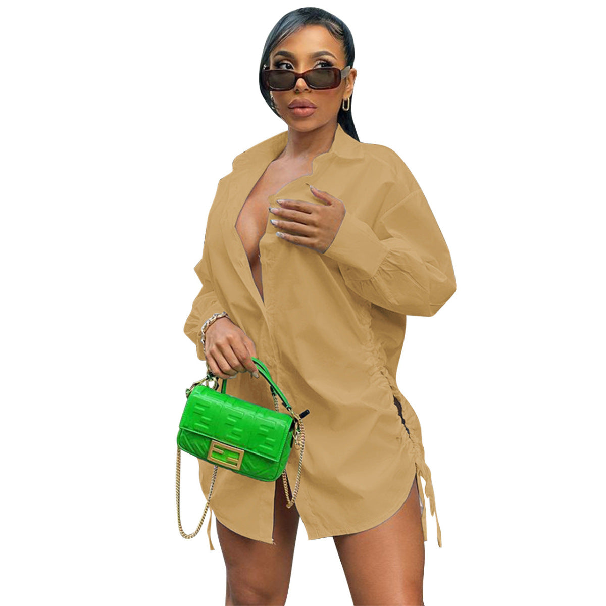 Summer Women Casual Solid Color Hollow Lace-Up Long Sleeve Shirt Dress