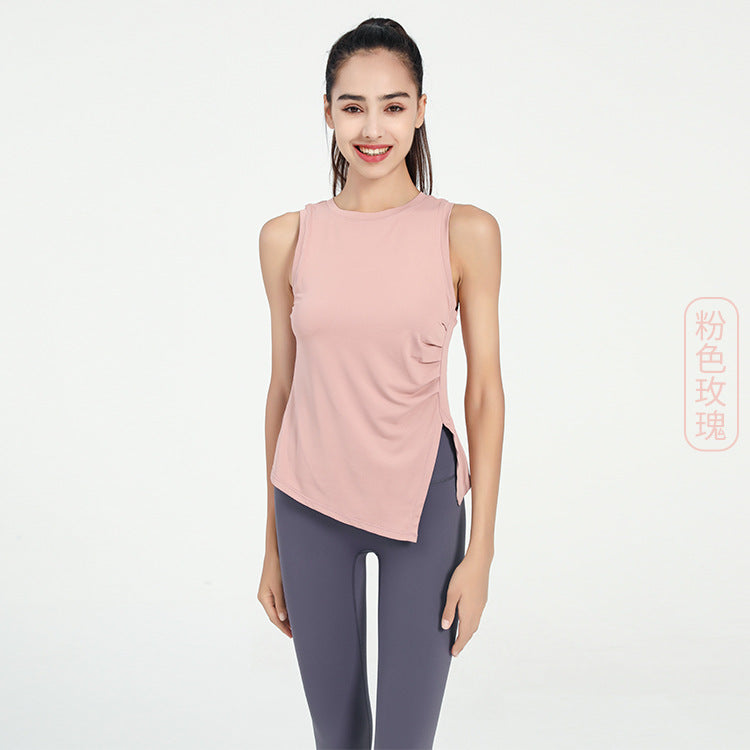 Camiseta deportiva informal holgada de color liso con cuello redondo, sin mangas y abertura lateral para mujer