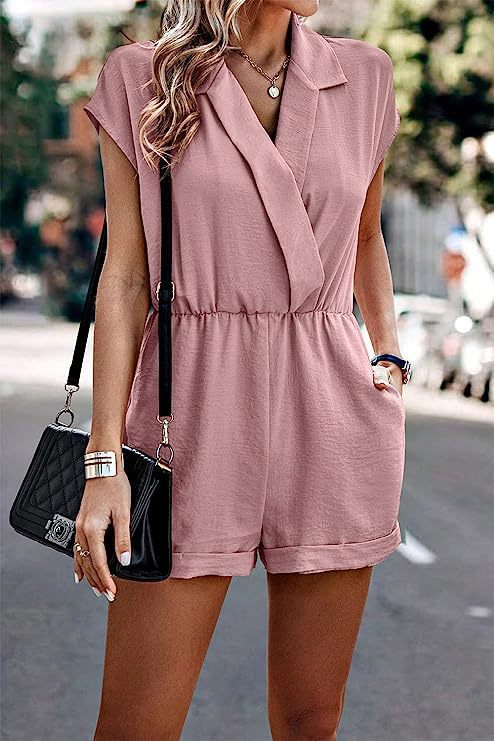 Women Fashion Casual Solid Color V-Neck Short Sleeve Rompers