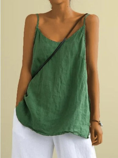 Camisola informal de lino y algodón de color liso para mujer