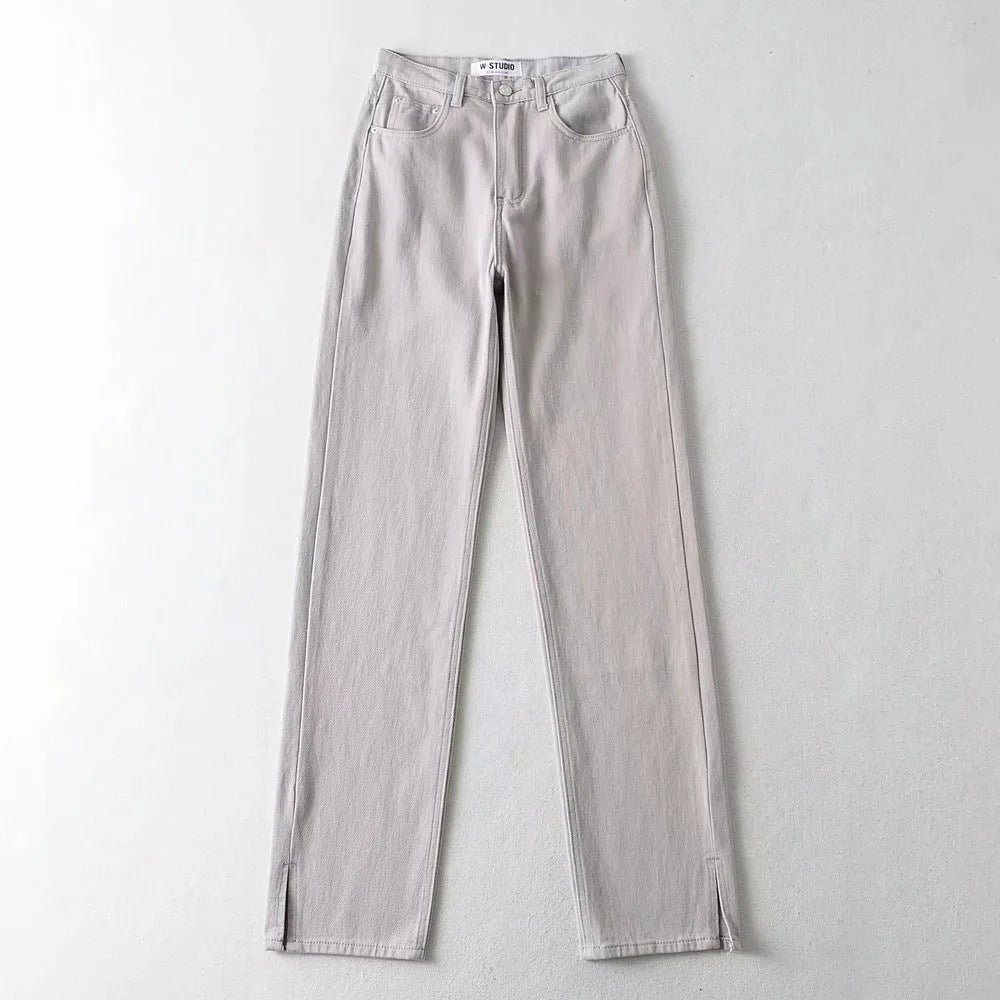 Vaqueros de mezclilla con cintura definida y abertura frontal de color sólido a la moda para mujer