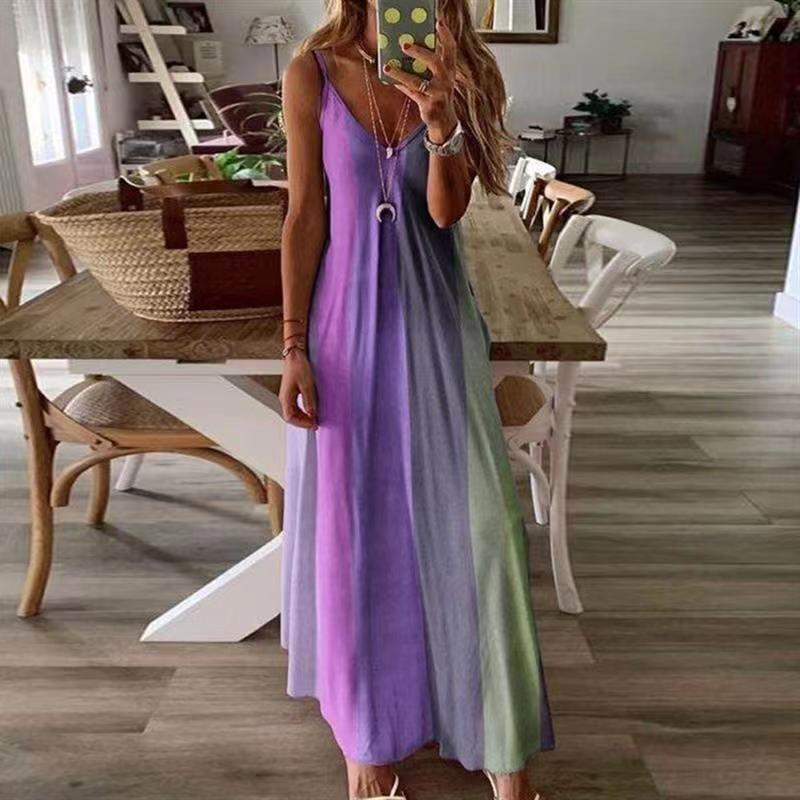 Vestido largo informal con estampado de arcoíris degradado bohemio para mujer