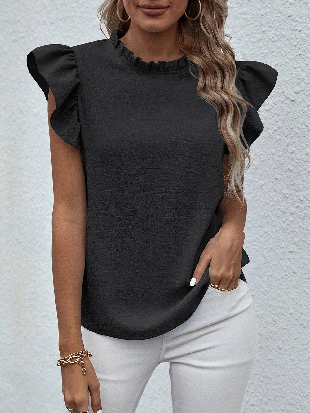 Blusa informal sin mangas con cuello redondo y volantes de color liso a la moda para mujer
