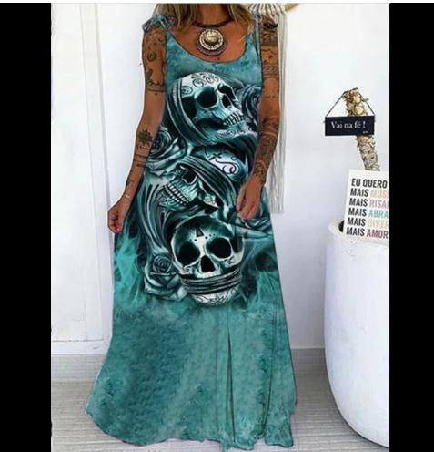 Vestido largo holgado con estampado de calavera de Halloween para mujer, estilo bohemio informal