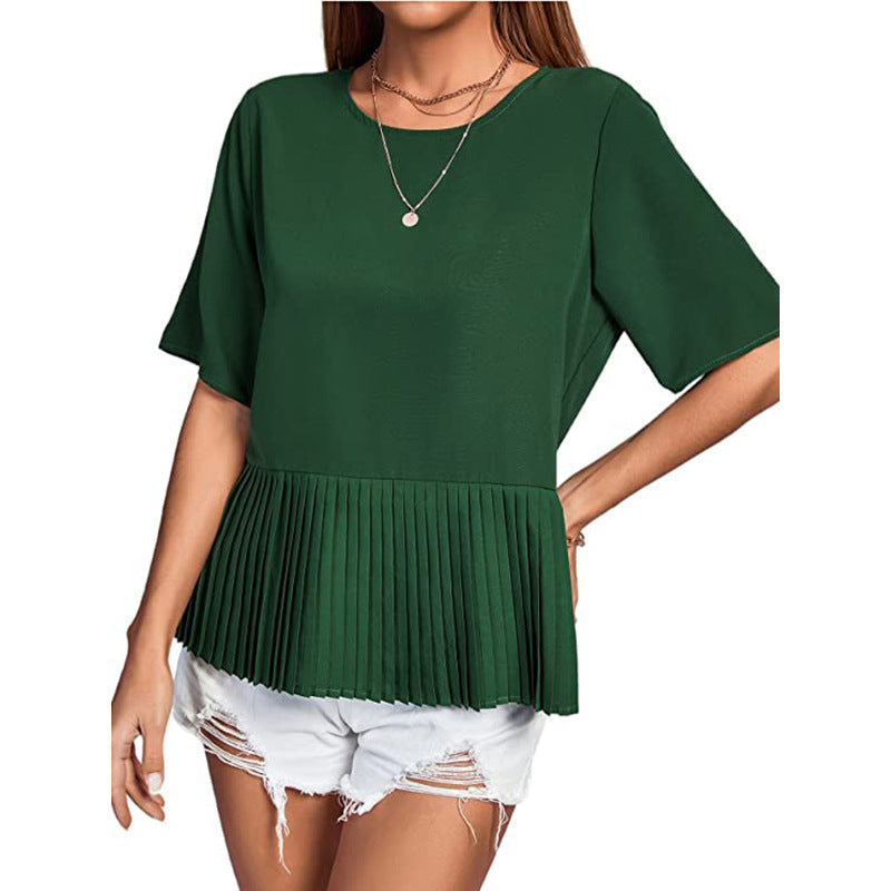 Blusa informal de mujer con cuello redondo, manga corta, dobladillo plisado y color liso