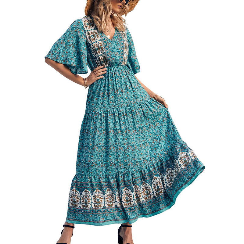 Vestido bohemio informal con estampado floral, escote en V y cintura definida para mujer, manga corta