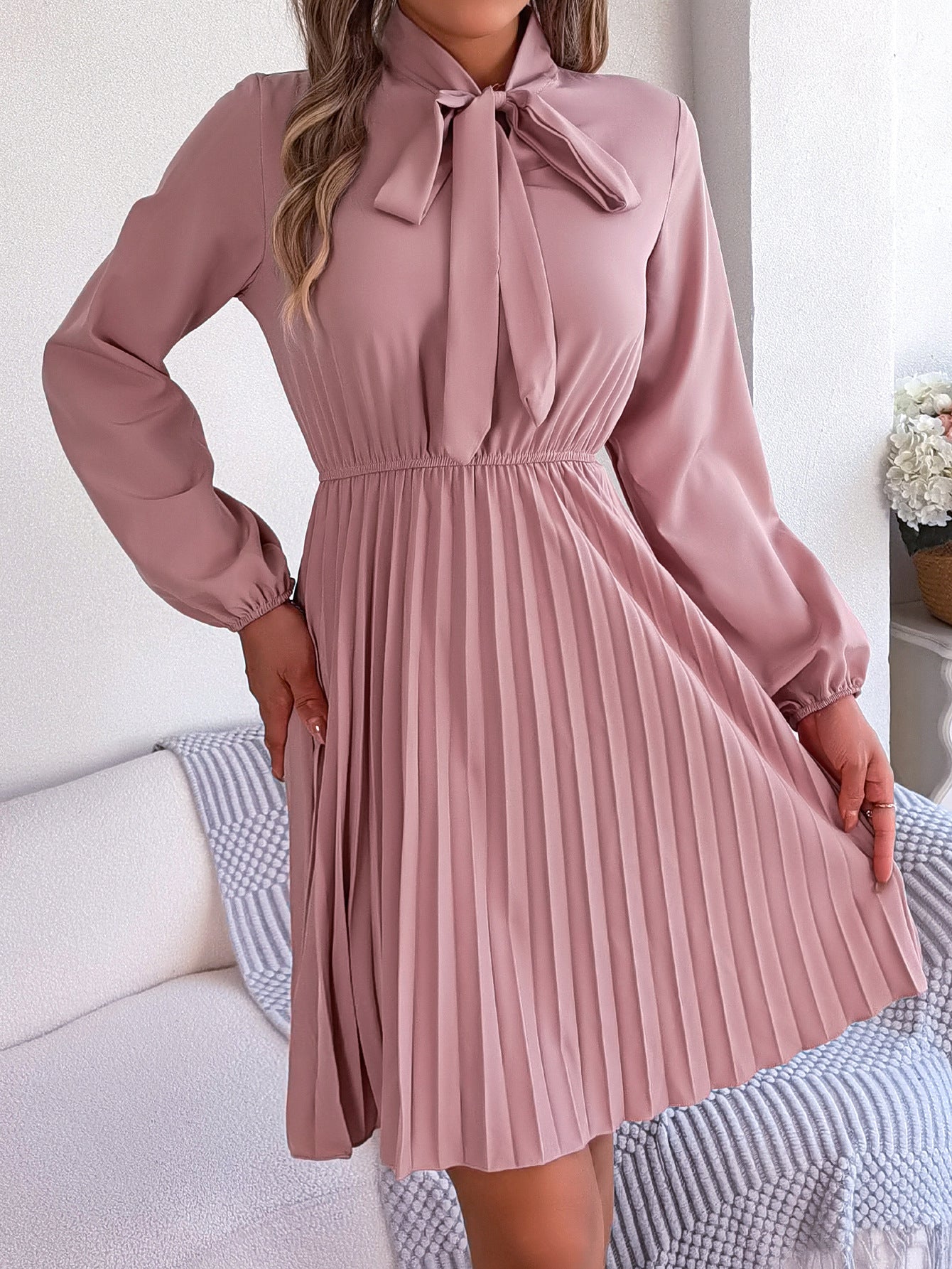 Women Fashion Casual Lace-Up Defined Waist Long Sleeve Pleated Dress
