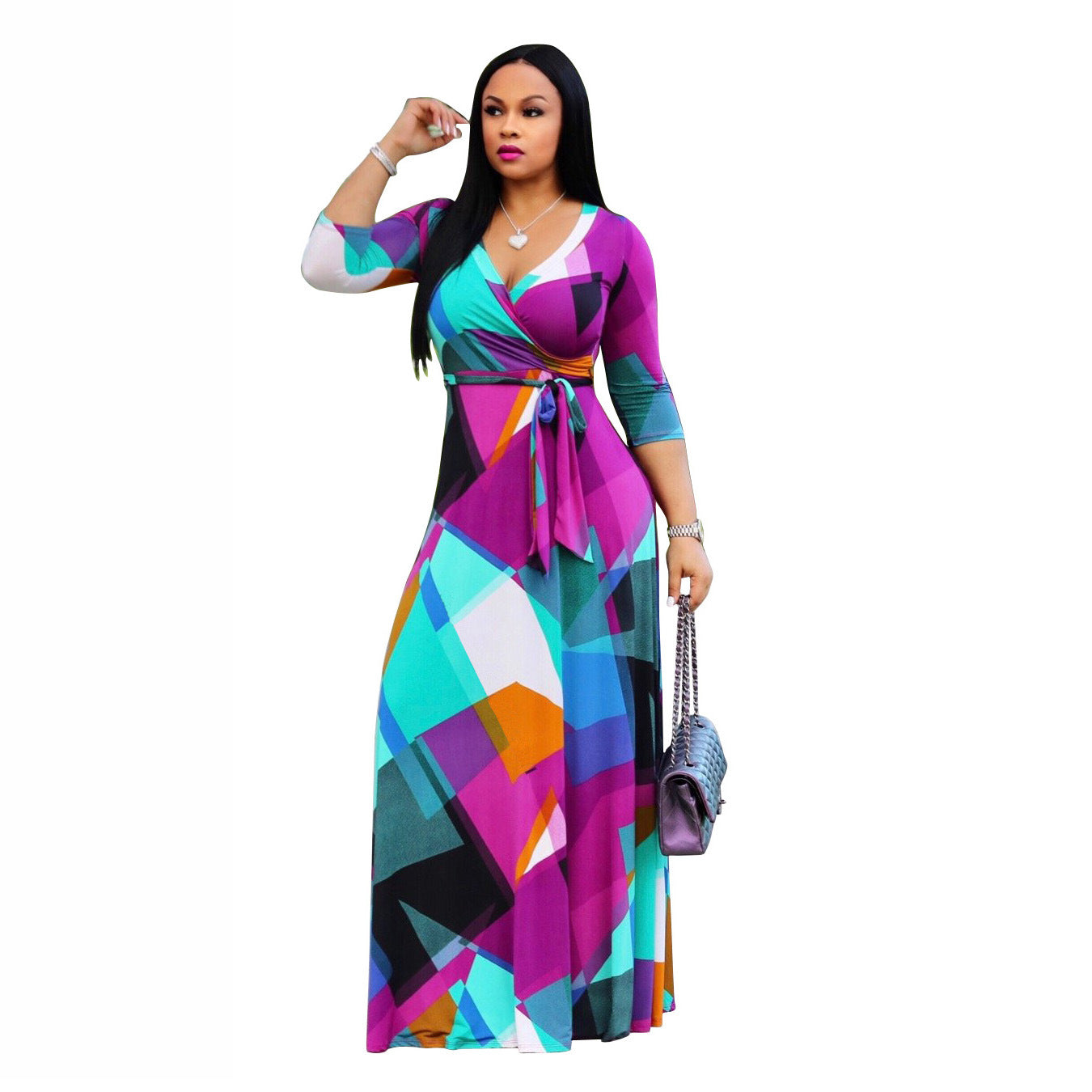 Vestido casual de manga larga con cuello en V y estampado para mujer