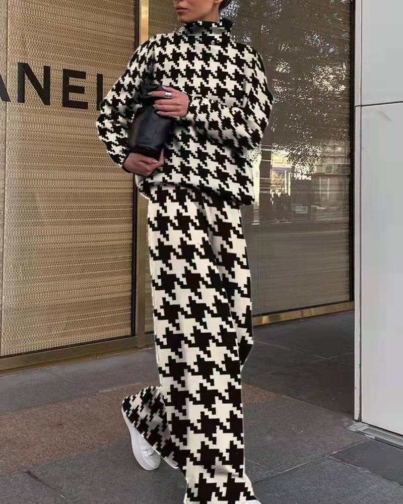 Conjunto de dos piezas de suéter y pantalón con estampado de pata de gallo para mujer