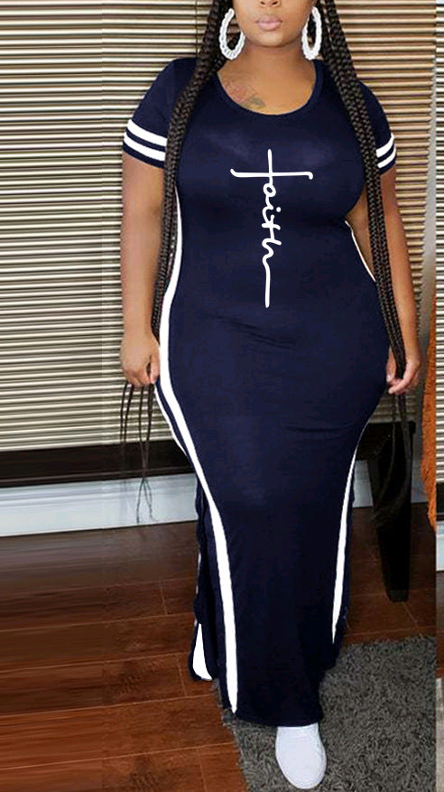 Women Fashion Casual Printed Split Short Sleeve Round Neck Plus Size Dress