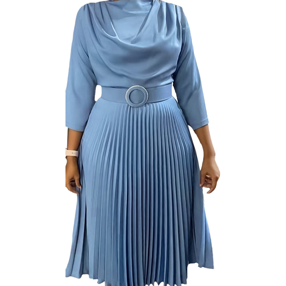 Vestido informal de manga larga plisado de color liso para mujer, talla grande