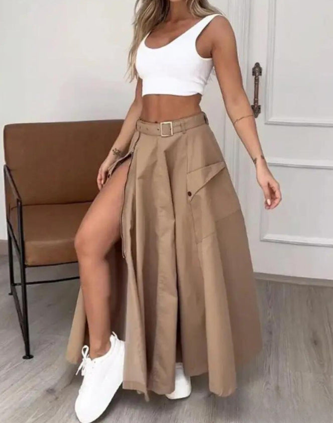 Women Fashion Casual Solid Color Split Skirt