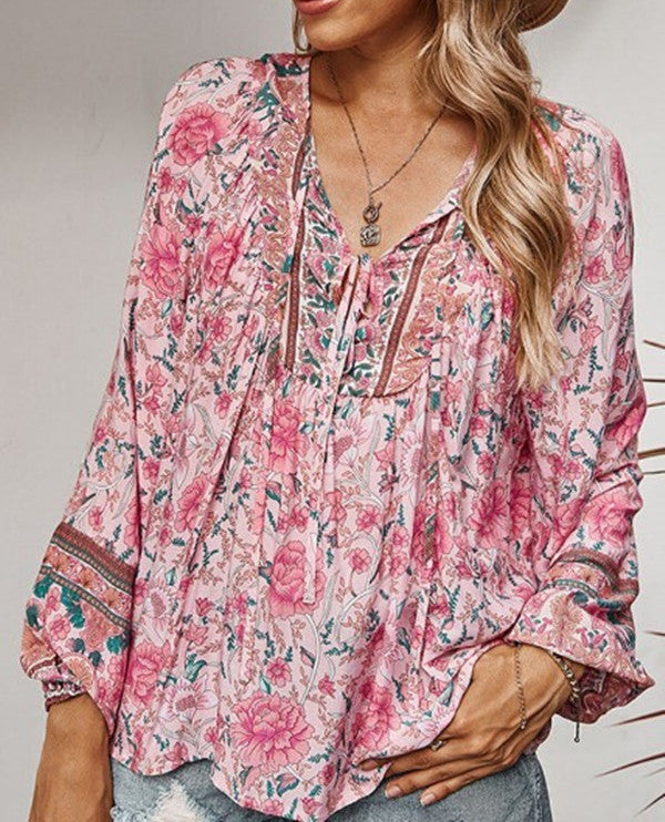 Camiseta informal de vacaciones con cuello en V y cordones para mujer