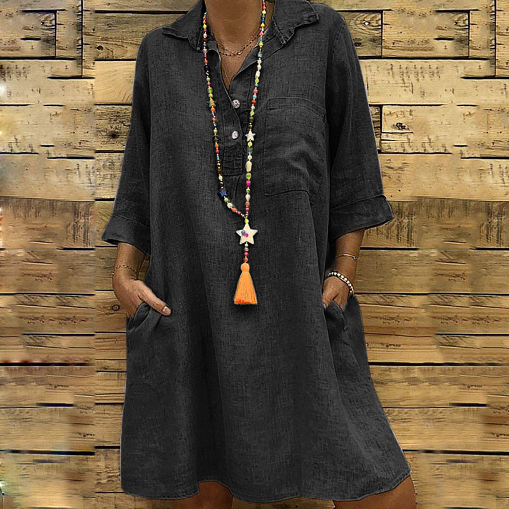 Vestido holgado informal de color liso con solapa para mujer, talla grande, otoño e invierno